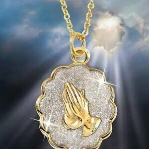 NEW! Elegant Golden Zinc Alloy Pendant with Praying Hands & Floral Design